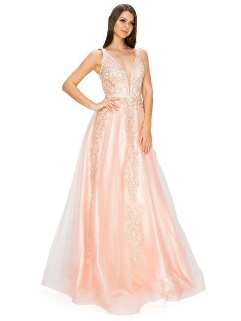 Bliss Golden Coil Lace Studded Illusion Tulle V-Neck Dress for Women, Sizes XS-3XL - SophiasStyle.com